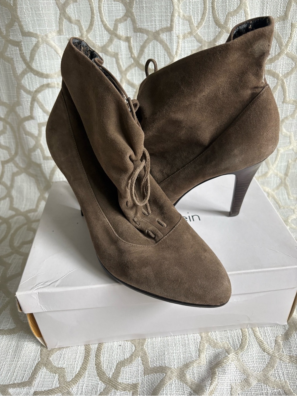 Calvin Klein Brown Suede Lace-Up Ankle Heeled Boots